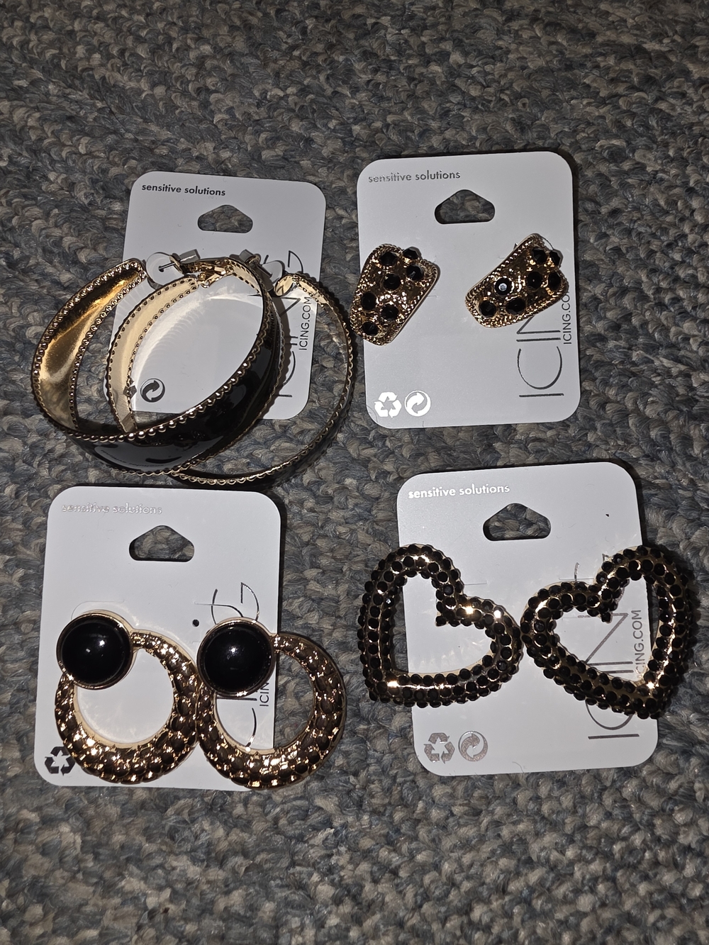 New 4 Pair ICING Gold-Tone Black Accent Women's Earring Set
